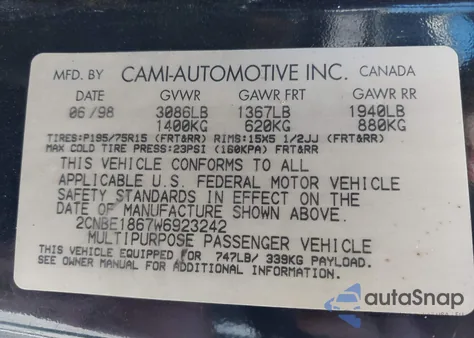 1998 Chevrolet Tracker z USA, uszkodzony, nr VIN 2CNBE1867W6923242